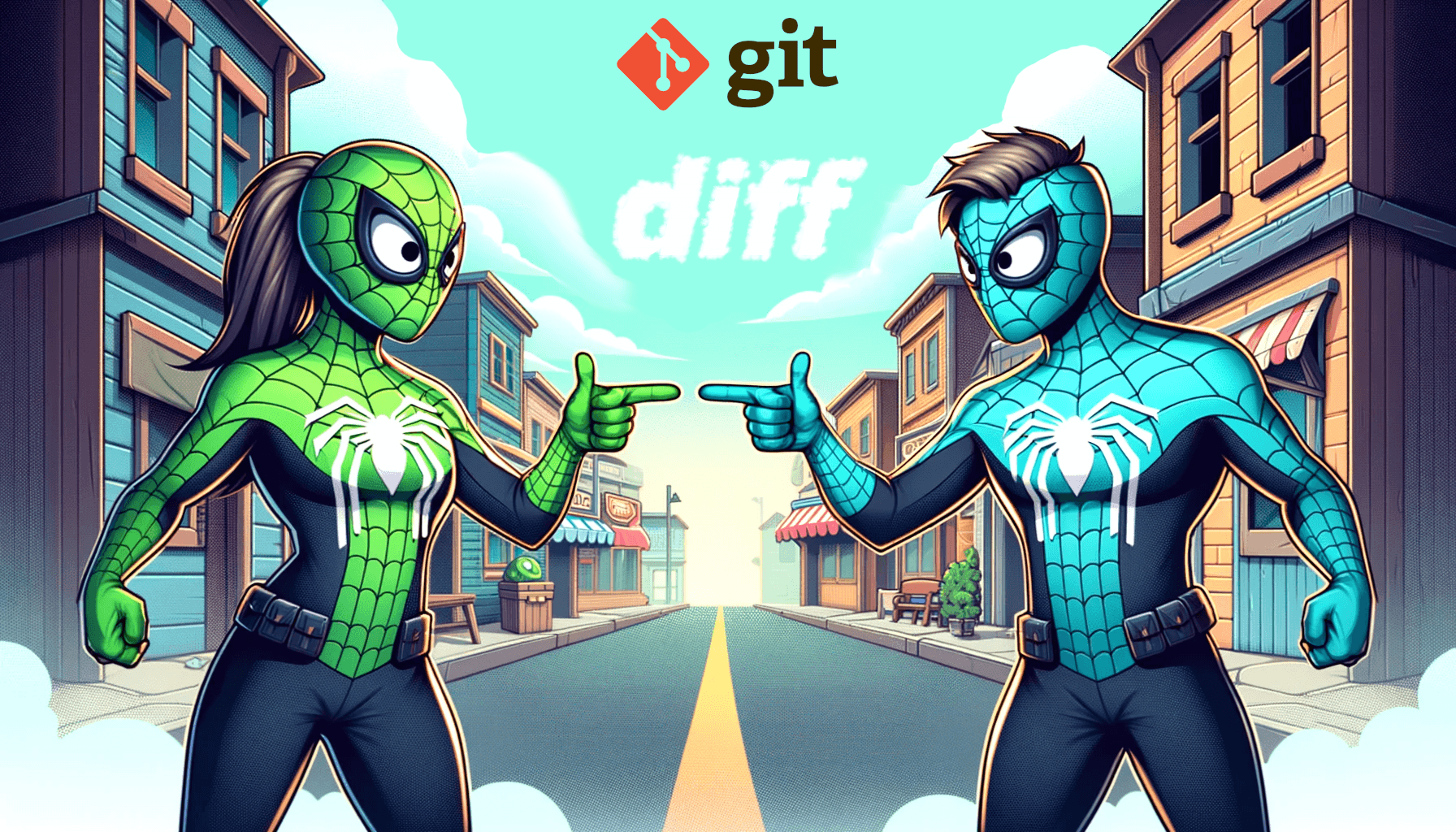 two superheroes pointing at each other, it represents two versions of a file getting compared in a git diff