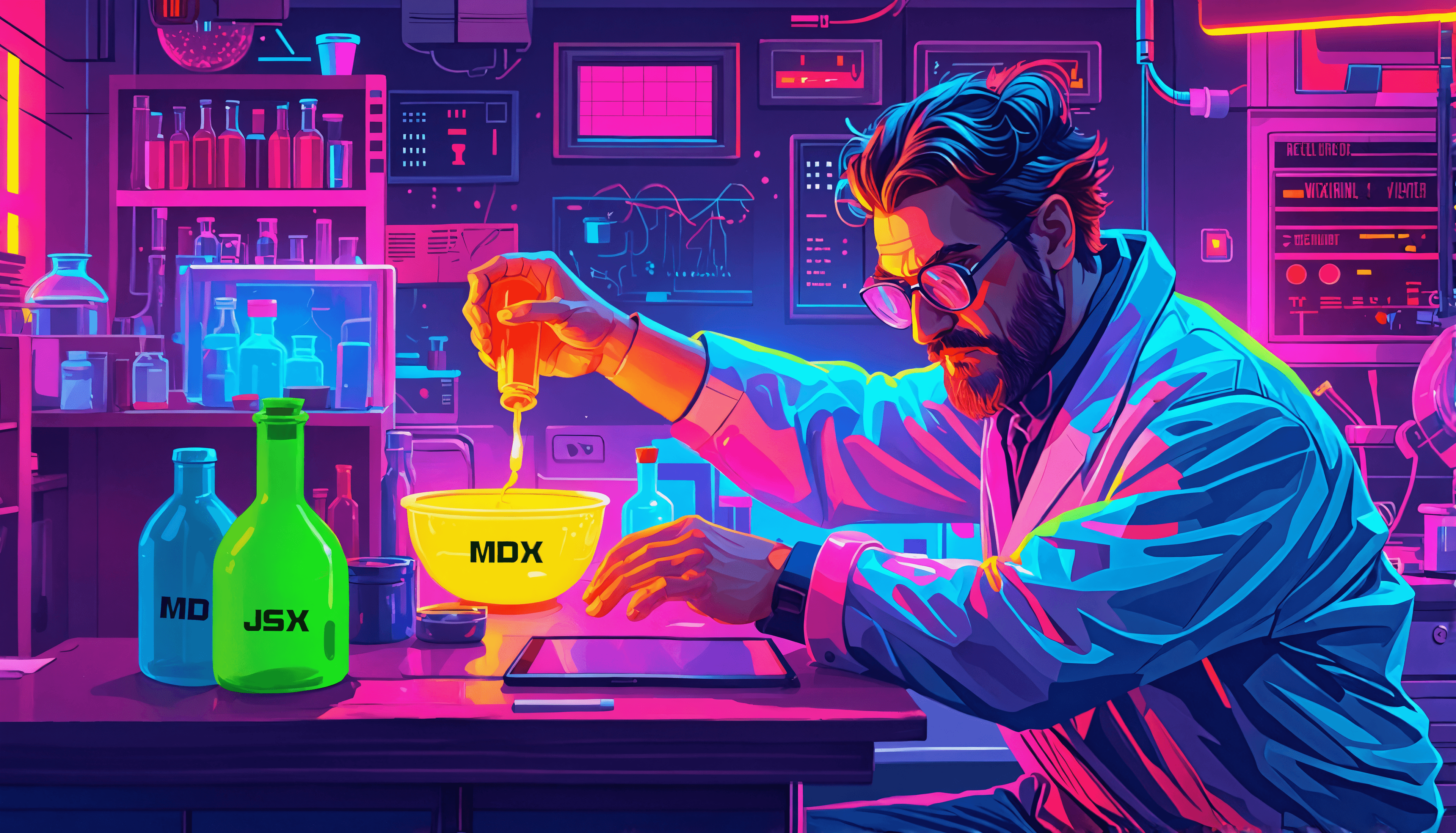 a mad scientist mixing the content of a bottle labeled markdown with the content of another bottle labeled JSX into a big bowl labeled MDX